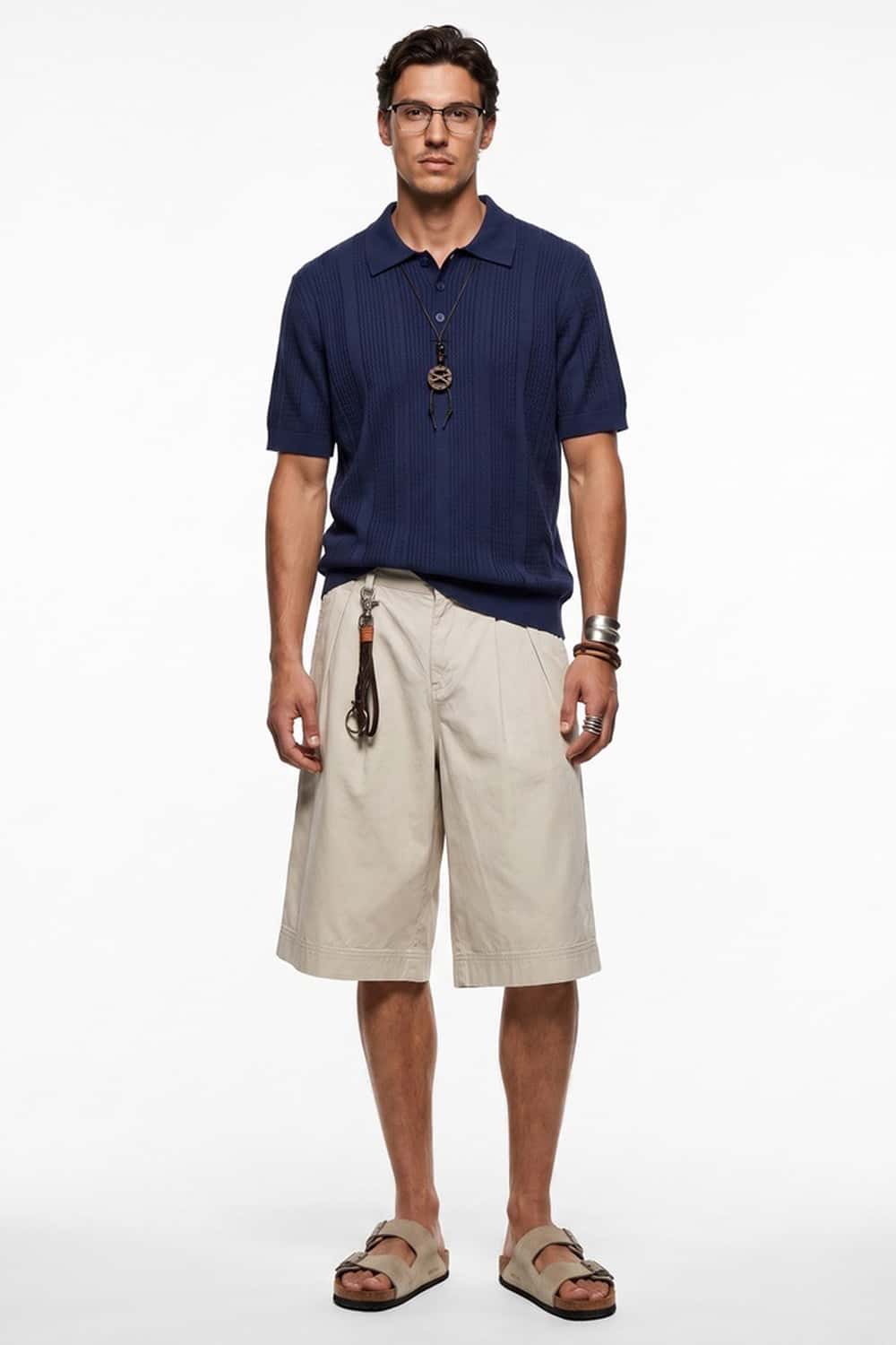 Short-Sleeve Knit Polo with Vertical Texture in Navy Blue - full-length front modeled view
