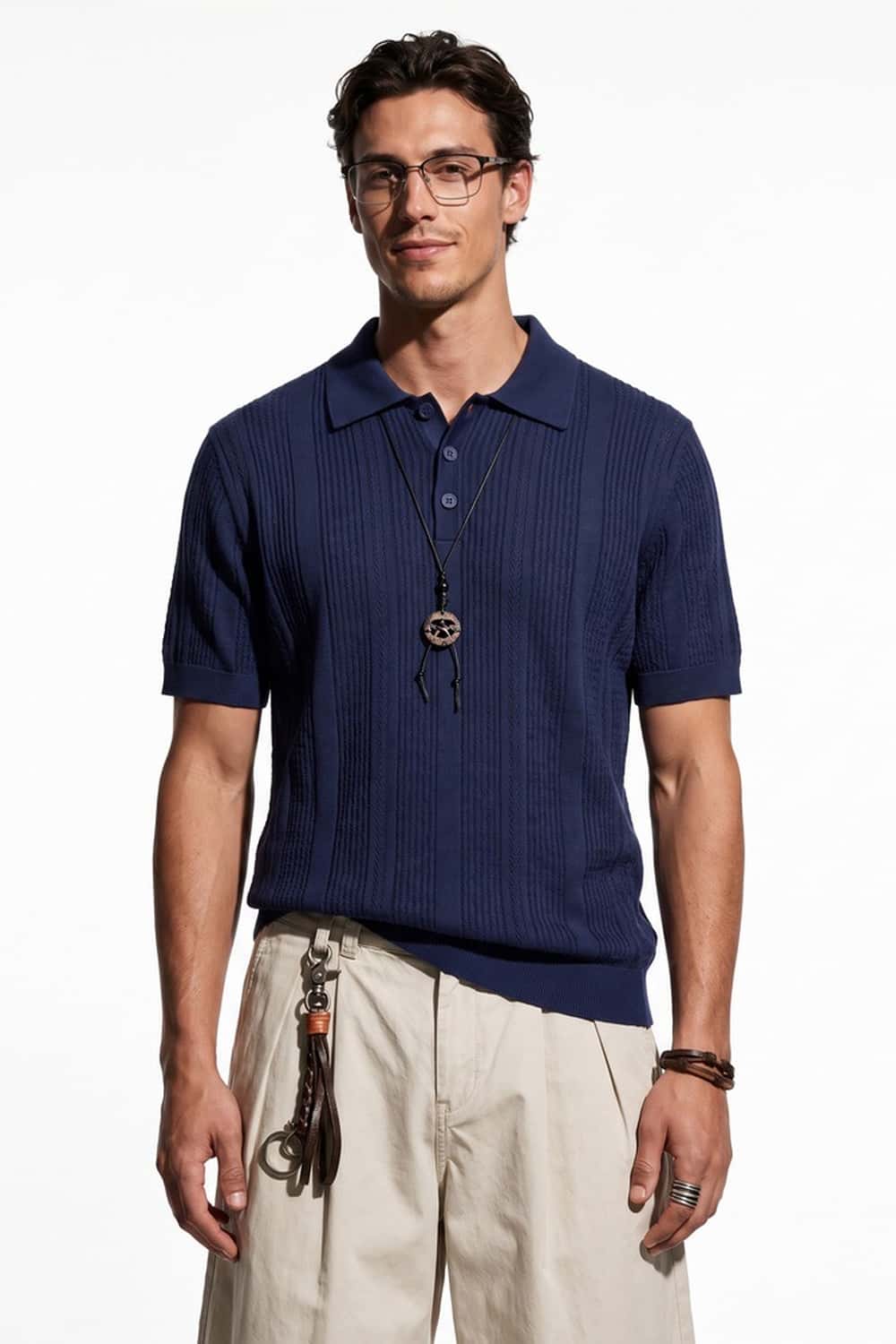 Short-Sleeve Knit Polo with Vertical Texture in Navy Blue - front modeled close-up