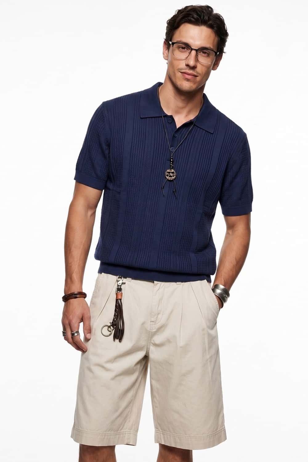 Short-Sleeve Knit Polo with Vertical Texture in Navy Blue - three-quarter front modeled view