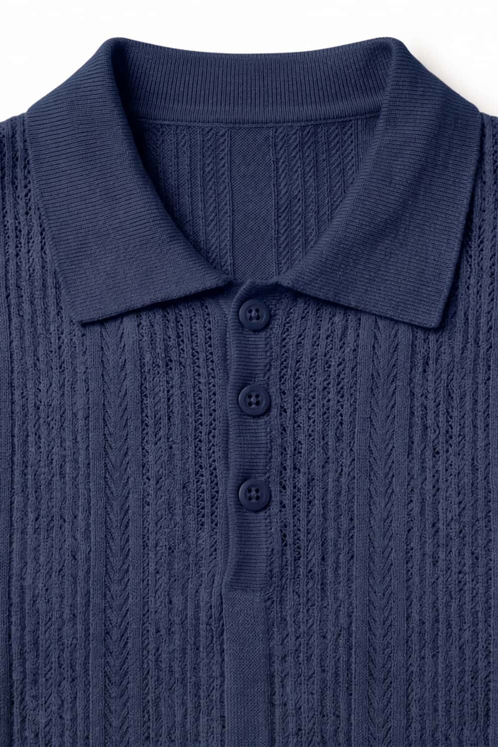 Short-Sleeve Knit Polo with Vertical Texture in Navy Blue - collar and placket close-up