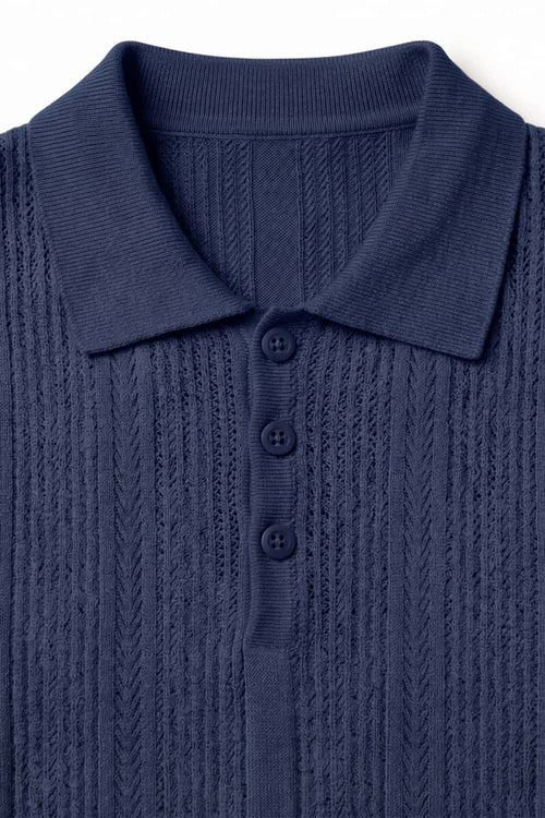 Short-Sleeve Knit Polo with Vertical Texture in Navy Blue - collar and placket close-up