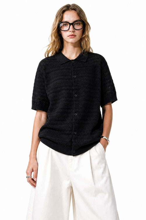 Short-Sleeve Knit Cardigan with Openwork Bands in Black - full-length front modeled view