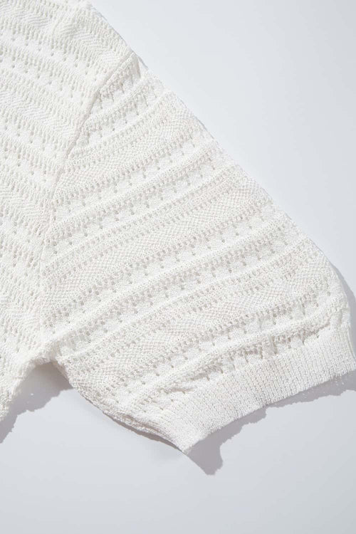 Short-Sleeve Knit Cardigan with Openwork Bands in White - fabric texture close-up