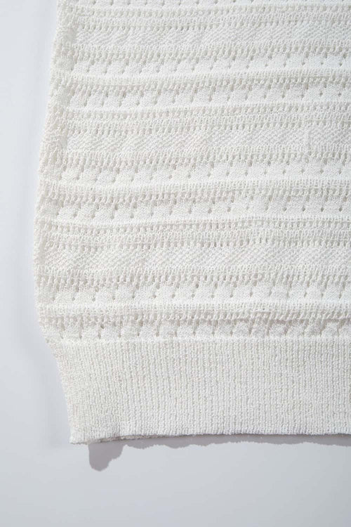 Short-Sleeve Knit Cardigan with Openwork Bands in White - fabric texture close-up