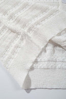 Short-Sleeve Knit Cardigan with Openwork Bands in White - fabric texture close-up