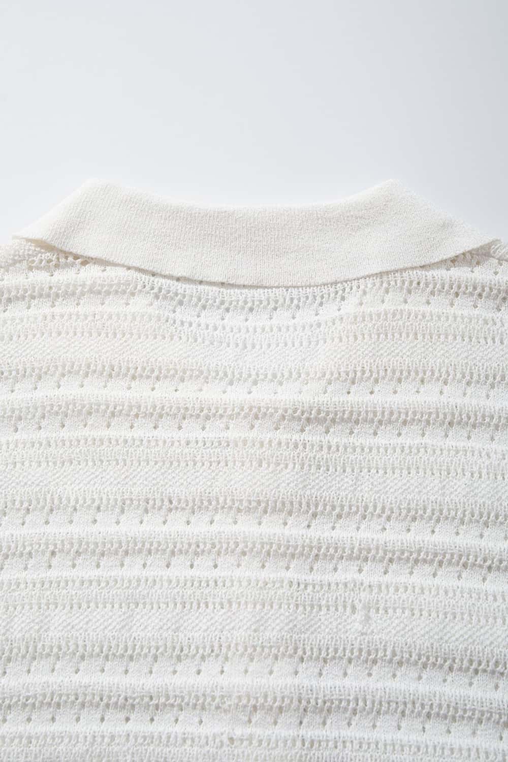 Short-Sleeve Knit Cardigan with Openwork Bands in White - fabric texture close-up