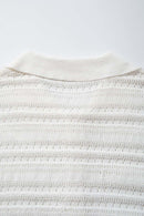 Short-Sleeve Knit Cardigan with Openwork Bands in White - fabric texture close-up