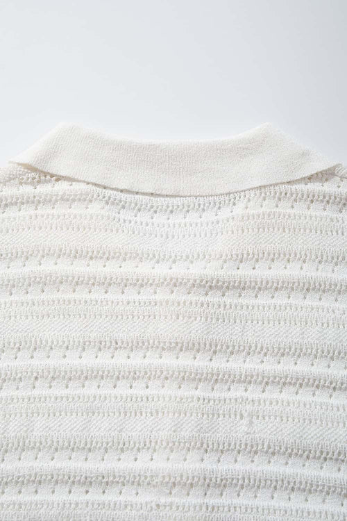 Short-Sleeve Knit Cardigan with Openwork Bands in White - fabric texture close-up