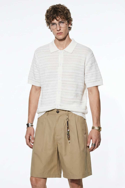 Short-Sleeve Knit Cardigan with Openwork Bands in White - full-length front modeled view