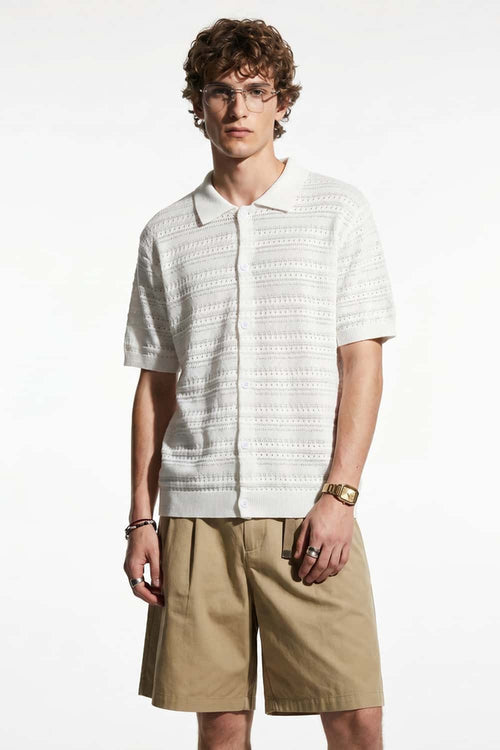 Short-Sleeve Knit Cardigan with Openwork Bands in White - full-length front modeled view