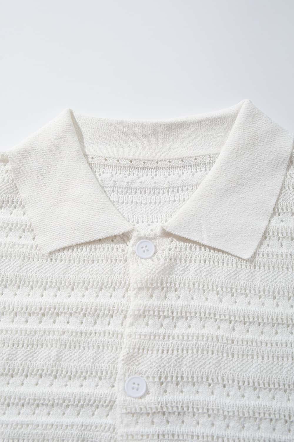 Short-Sleeve Knit Cardigan with Openwork Bands in White - fabric texture close-up