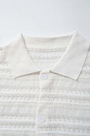 Short-Sleeve Knit Cardigan with Openwork Bands in White - fabric texture close-up
