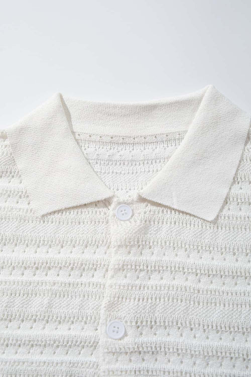 Short-Sleeve Knit Cardigan with Openwork Bands in White - fabric texture close-up