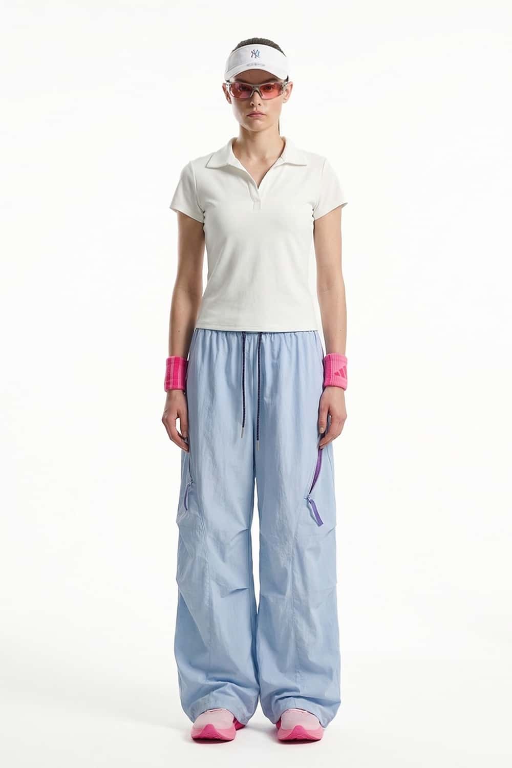 Waterproof Wide-Leg Pants with Drawstring Waist in Baby Blue - front modeled view