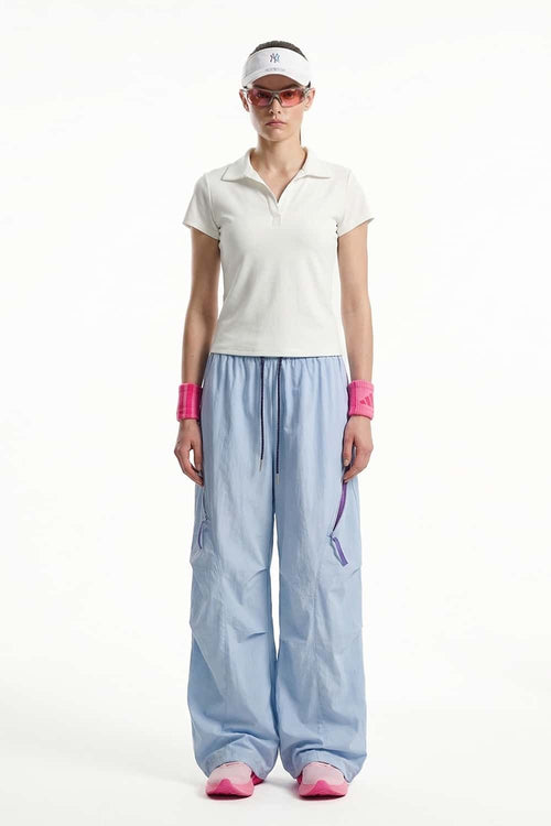 Waterproof Wide-Leg Pants with Drawstring Waist in Baby Blue - front modeled view