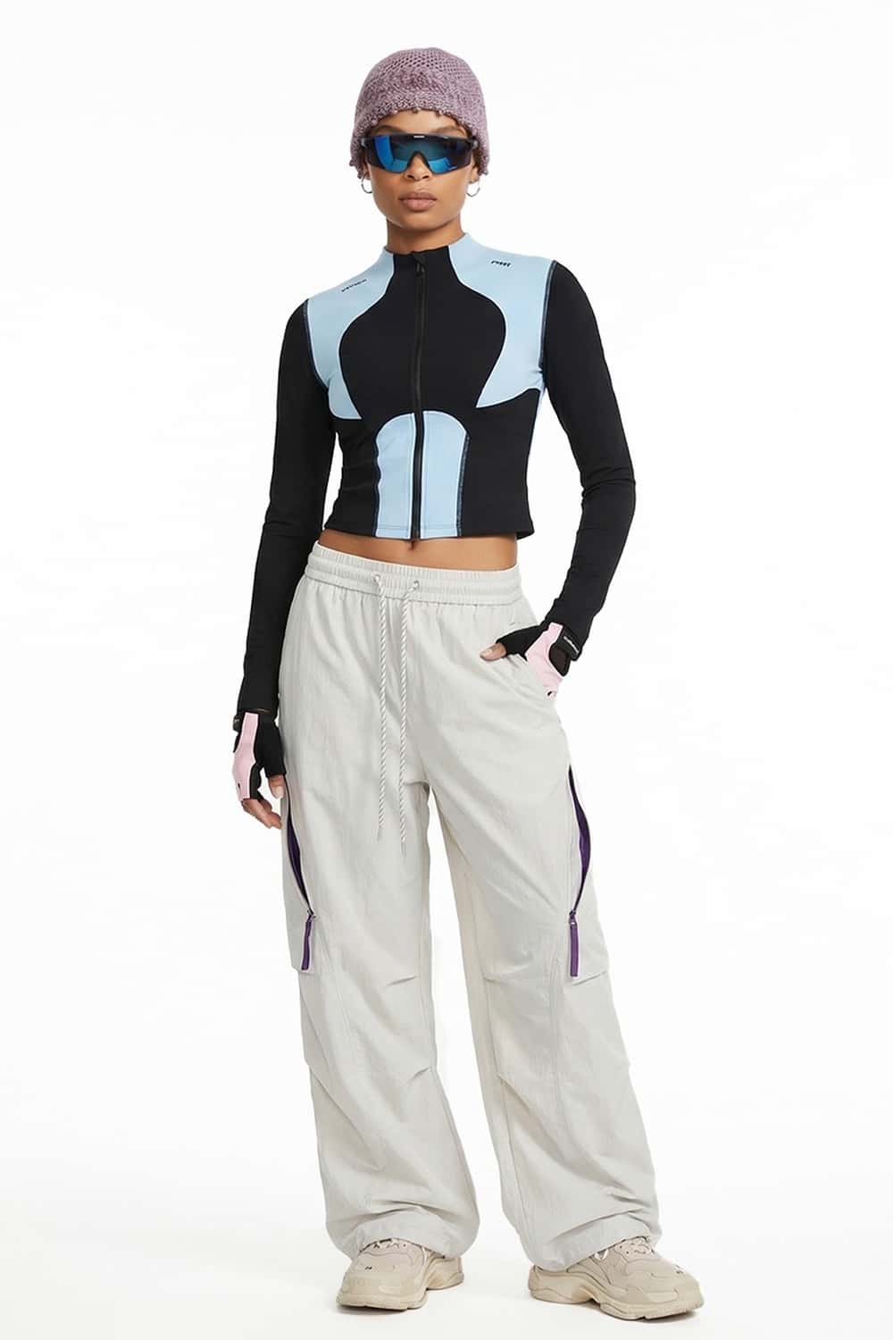 Waterproof Wide-Leg Pants with Drawstring Waist in Gray - three-quarter front modeled view