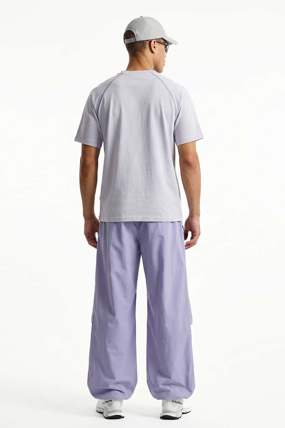 Waterproof Wide-Leg Pants with Drawstring Waist in Light Purple - back modeled view