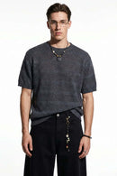 Breathable Short-Sleeve Knit Top with Openwork Bands in Gray - full-length front modeled view