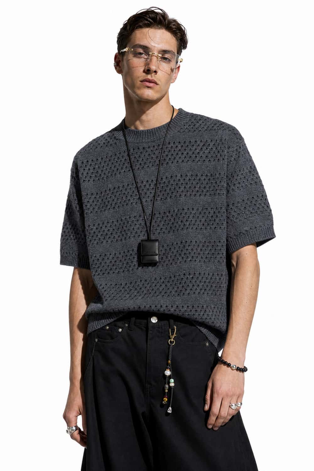 Breathable Short-Sleeve Knit Top with Openwork Bands in Gray - front modeled view