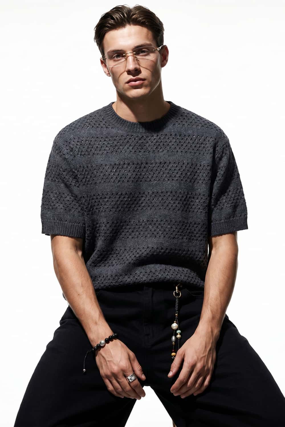 Breathable Short-Sleeve Knit Top with Openwork Bands in Gray - front modeled view