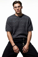 Breathable Short-Sleeve Knit Top with Openwork Bands in Gray - front modeled view
