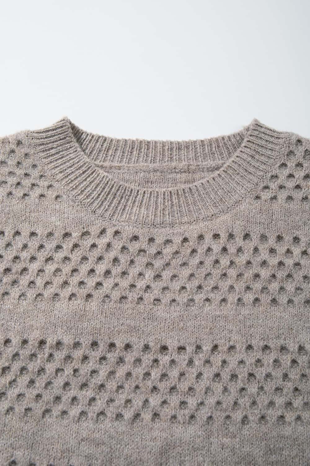 Breathable Short-Sleeve Knit Top with Openwork Bands in Khaki - collar detail
