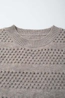Breathable Short-Sleeve Knit Top with Openwork Bands in Khaki - collar detail