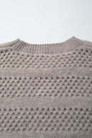 Breathable Short-Sleeve Knit Top with Openwork Bands in Khaki - collar detail