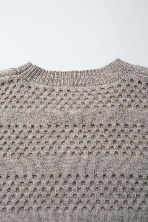 Breathable Short-Sleeve Knit Top with Openwork Bands in Khaki - collar detail