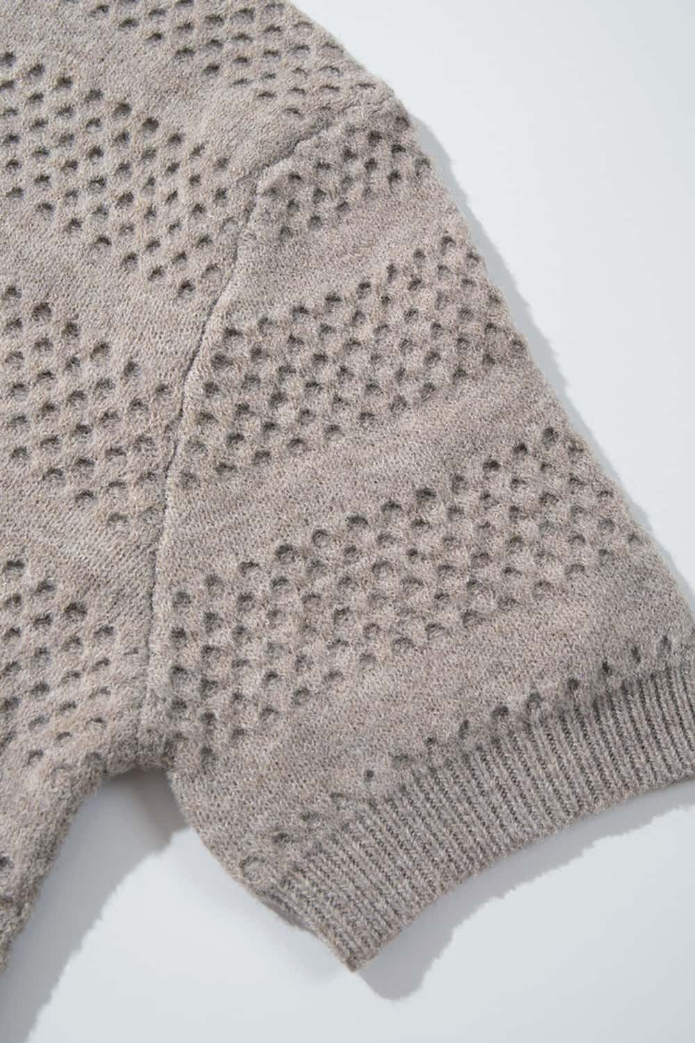 Breathable Short-Sleeve Knit Top with Openwork Bands in Khaki - product detail close-up