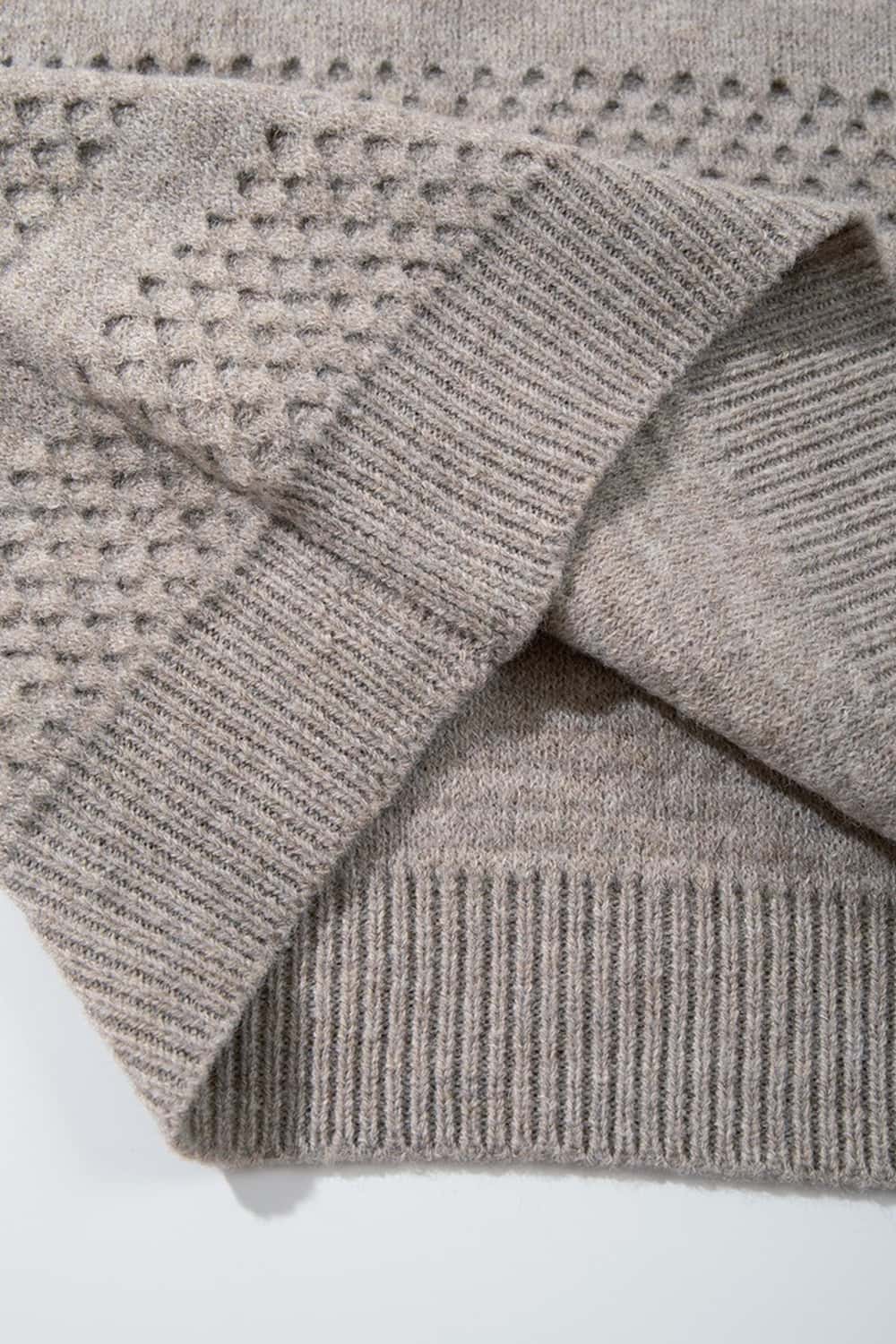 Breathable Short-Sleeve Knit Top with Openwork Bands in Khaki - cuff and hem detail