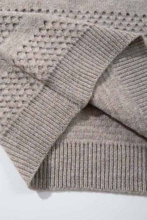 Breathable Short-Sleeve Knit Top with Openwork Bands in Khaki - cuff and hem detail