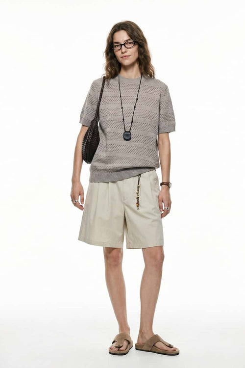 Breathable Short-Sleeve Knit Top with Openwork Bands in Khaki - full-length front modeled view