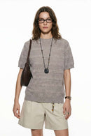 Breathable Short-Sleeve Knit Top with Openwork Bands in Khaki - front modeled view