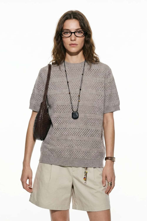 Breathable Short-Sleeve Knit Top with Openwork Bands in Khaki - front modeled view