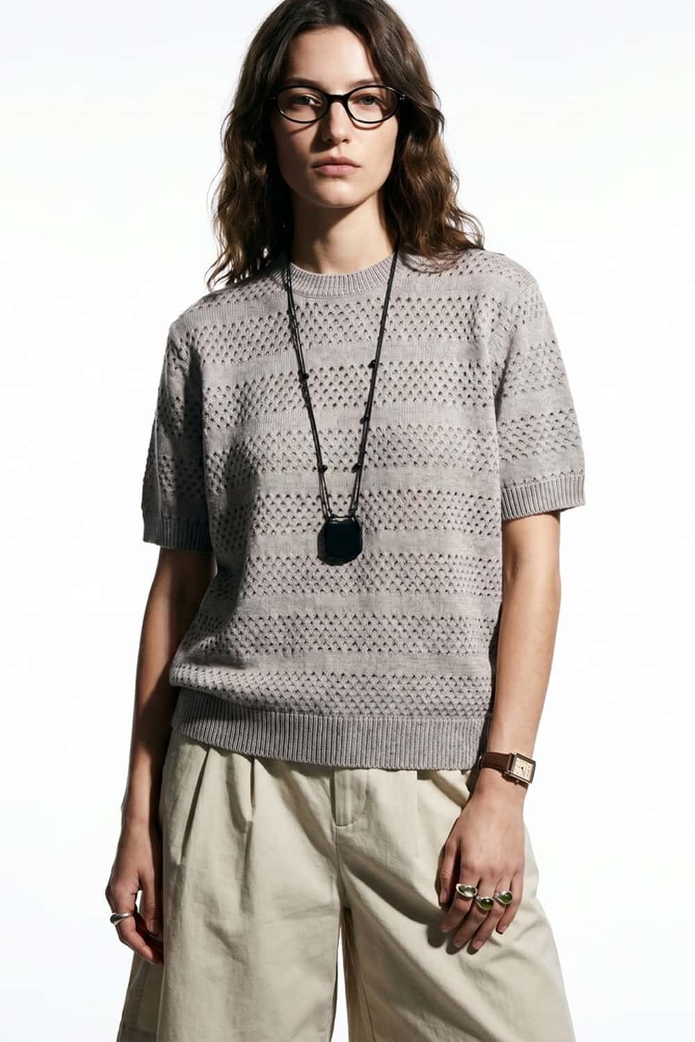 Breathable Short-Sleeve Knit Top with Openwork Bands in Khaki - front modeled view