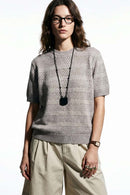 Breathable Short-Sleeve Knit Top with Openwork Bands in Khaki - front modeled view