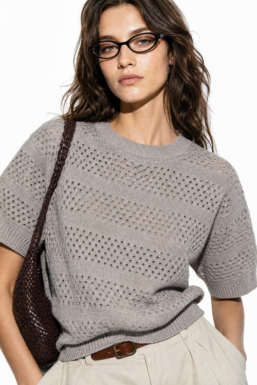 Breathable Short-Sleeve Knit Top with Openwork Bands in Khaki - front modeled view