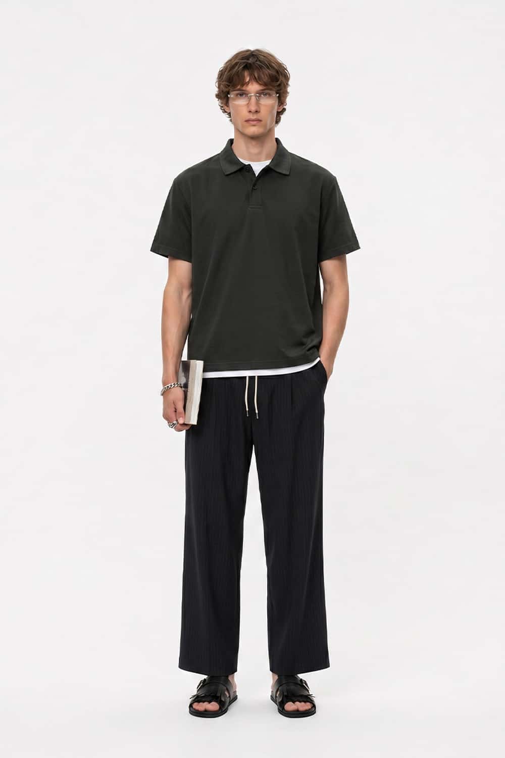 Short-Sleeve Polo Shirt with Layered Details in Dark Gray - full-length front modeled view