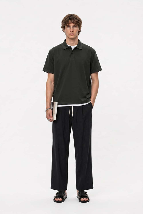 Short-Sleeve Polo Shirt with Layered Details in Dark Gray - full-length front modeled view