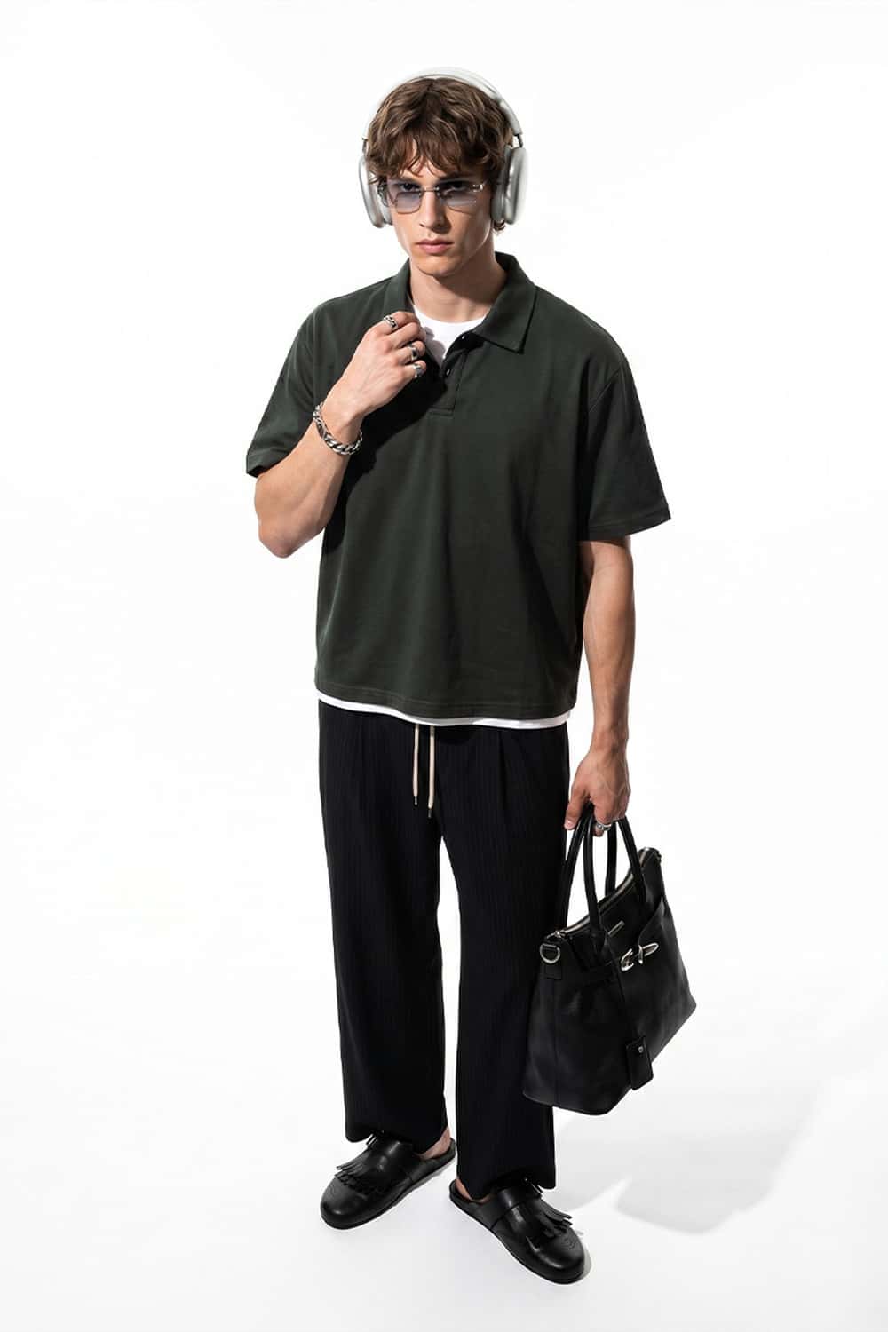 Short-Sleeve Polo Shirt with Layered Details in Dark Gray - full-length front modeled view