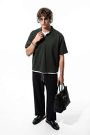Short-Sleeve Polo Shirt with Layered Details in Dark Gray - full-length front modeled view