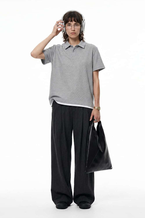 Short-Sleeve Polo Shirt with Layered Details in Flower Gray - full-length front modeled view