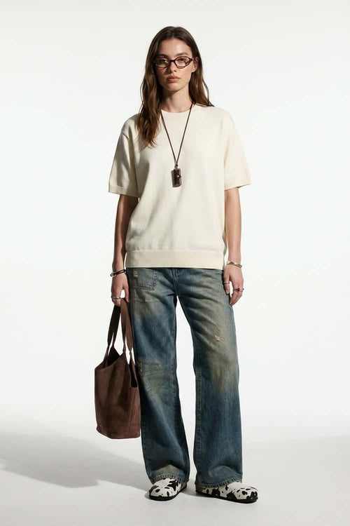 Short-Sleeve Knit Top with Dropped Shoulders in Beige - full-length front modeled view