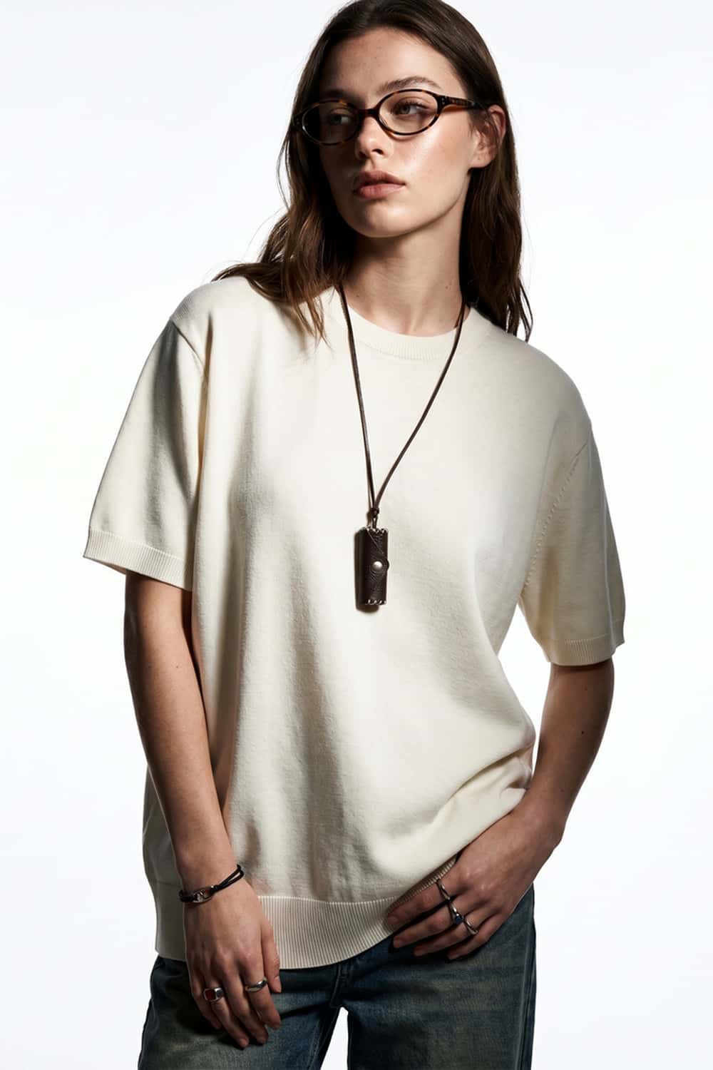 Short-Sleeve Knit Top with Dropped Shoulders in Beige - front modeled view