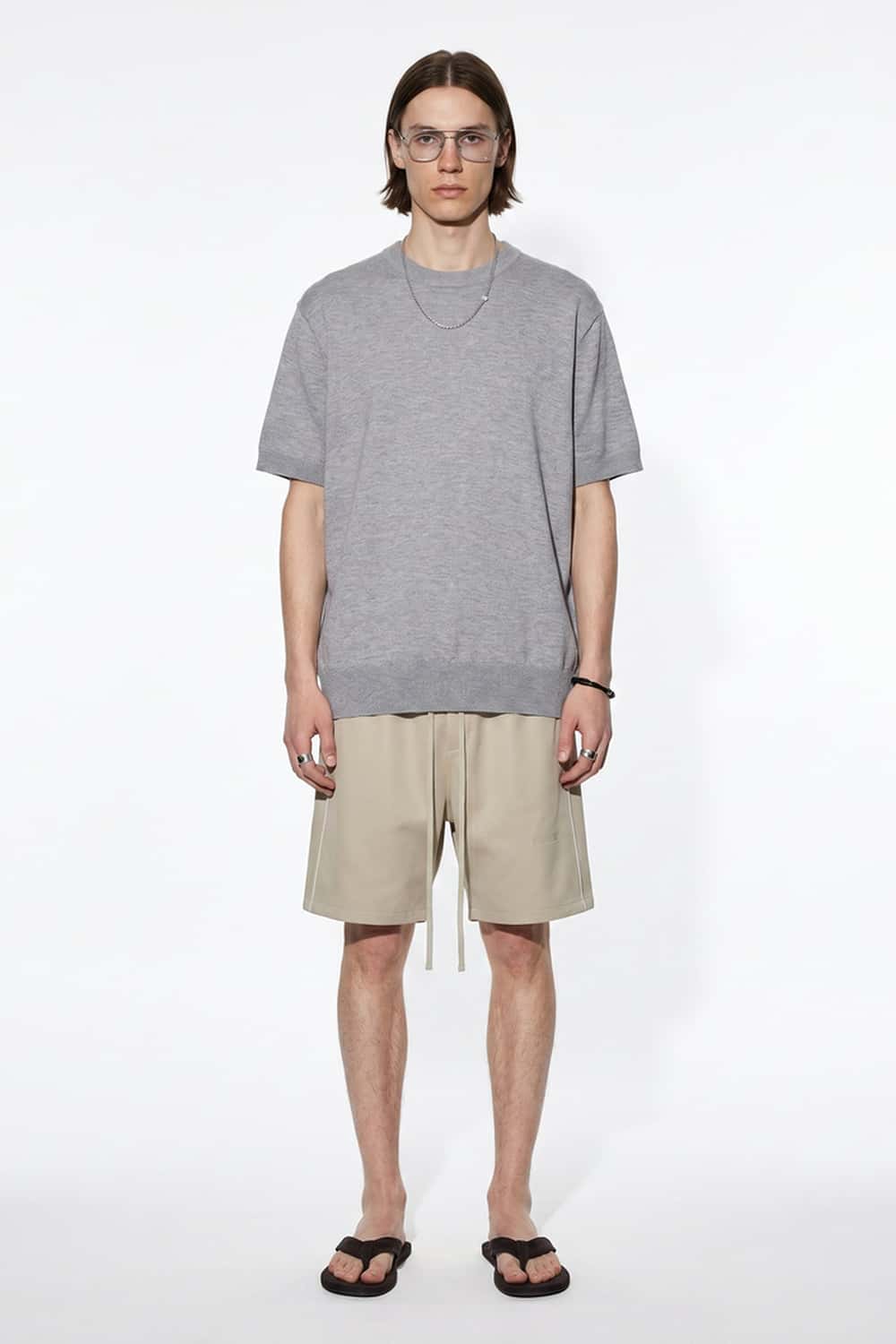 Short-Sleeve Knit Top with Dropped Shoulders in Dark Gray - full-length front modeled view
