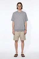 Short-Sleeve Knit Top with Dropped Shoulders in Dark Gray - full-length front modeled view