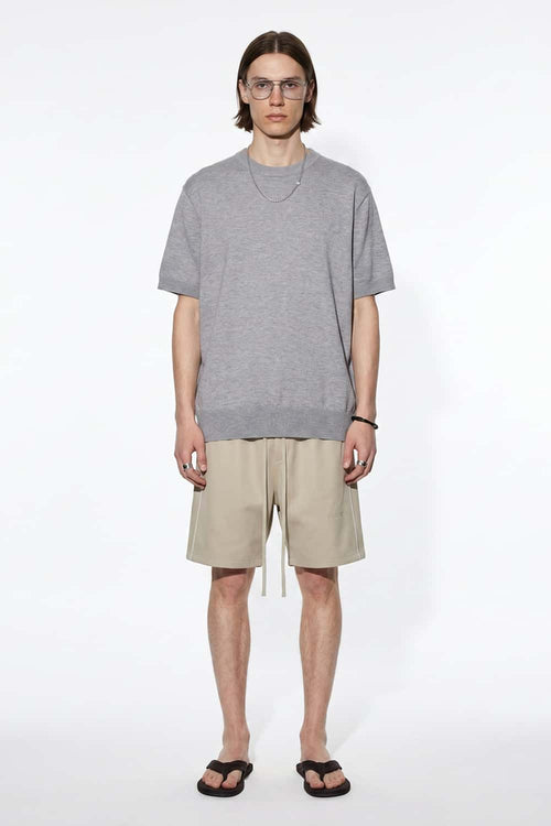 Short-Sleeve Knit Top with Dropped Shoulders in Dark Gray - full-length front modeled view