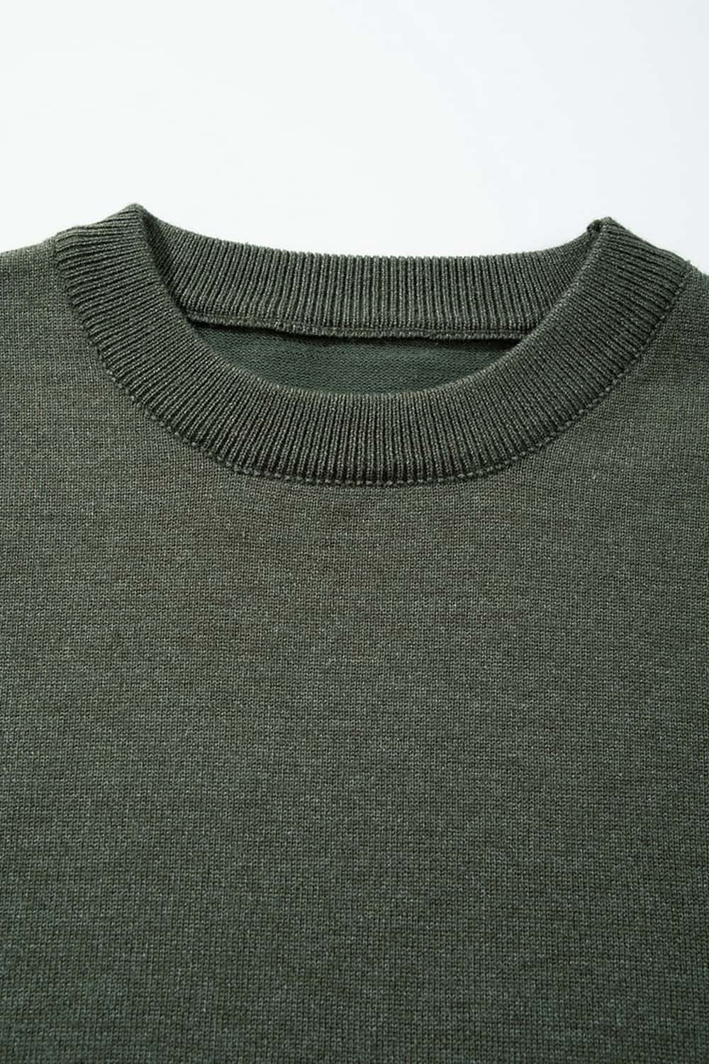 Short-Sleeve Knit Top with Dropped Shoulders in Military Green - collar detail