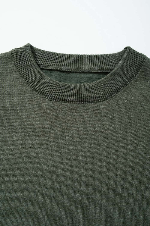 Short-Sleeve Knit Top with Dropped Shoulders in Military Green - collar detail